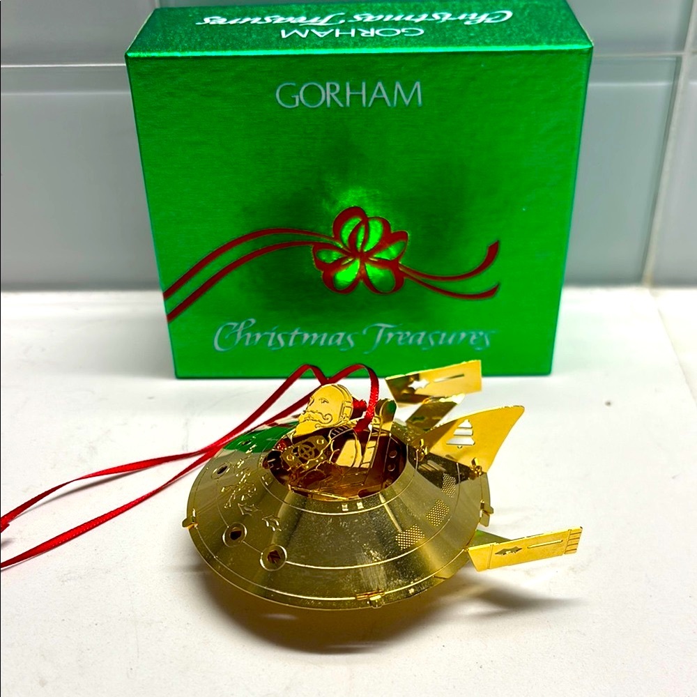Gorham Gold Santa in Sleigh UFO Ornament with Red Ribbon